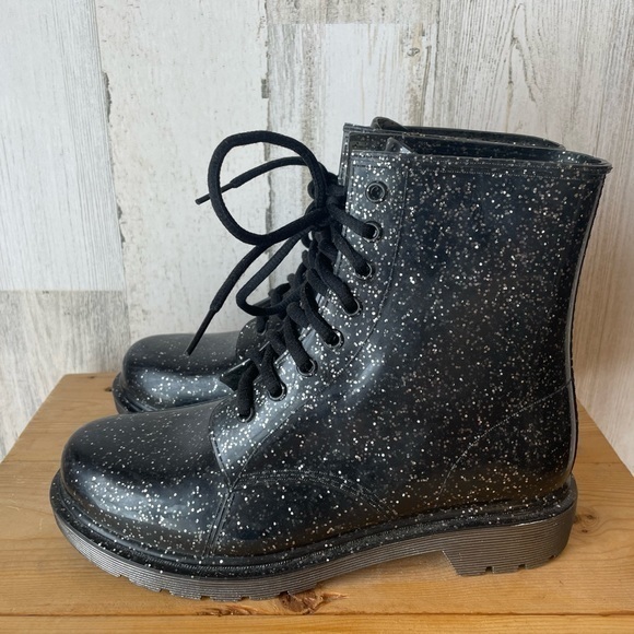 Sam Edelman Circus Translucent Black Glitter Quinn Rubber Combat Boots Size: 7 - Picture 7 of 15